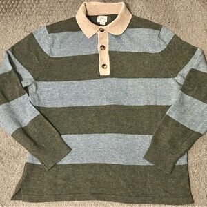 J. Crew Mens Rugged Merino Wool Sweater Sz L Rugby Collared Knit Blue/Green